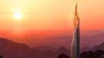 Cette tour cristalline de 330m en Arabie Saoudite, plus haute que la Tour Eiffel, surplombe un lac artificiel et des pistes enneigées