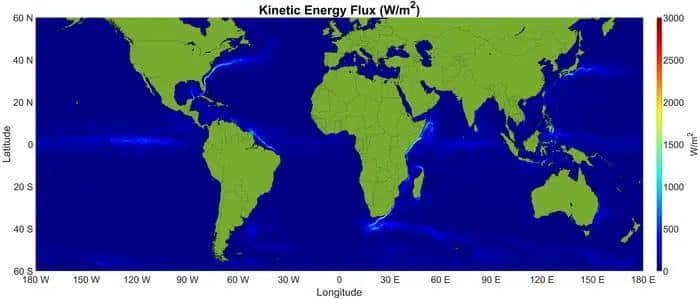 Cette carte représente la répartition mondiale de l'énergie cinétique moyenne en watts par mètre carré, calculée grâce aux données des bouées dérivantes. Crédit : Université Florida Atlantic.