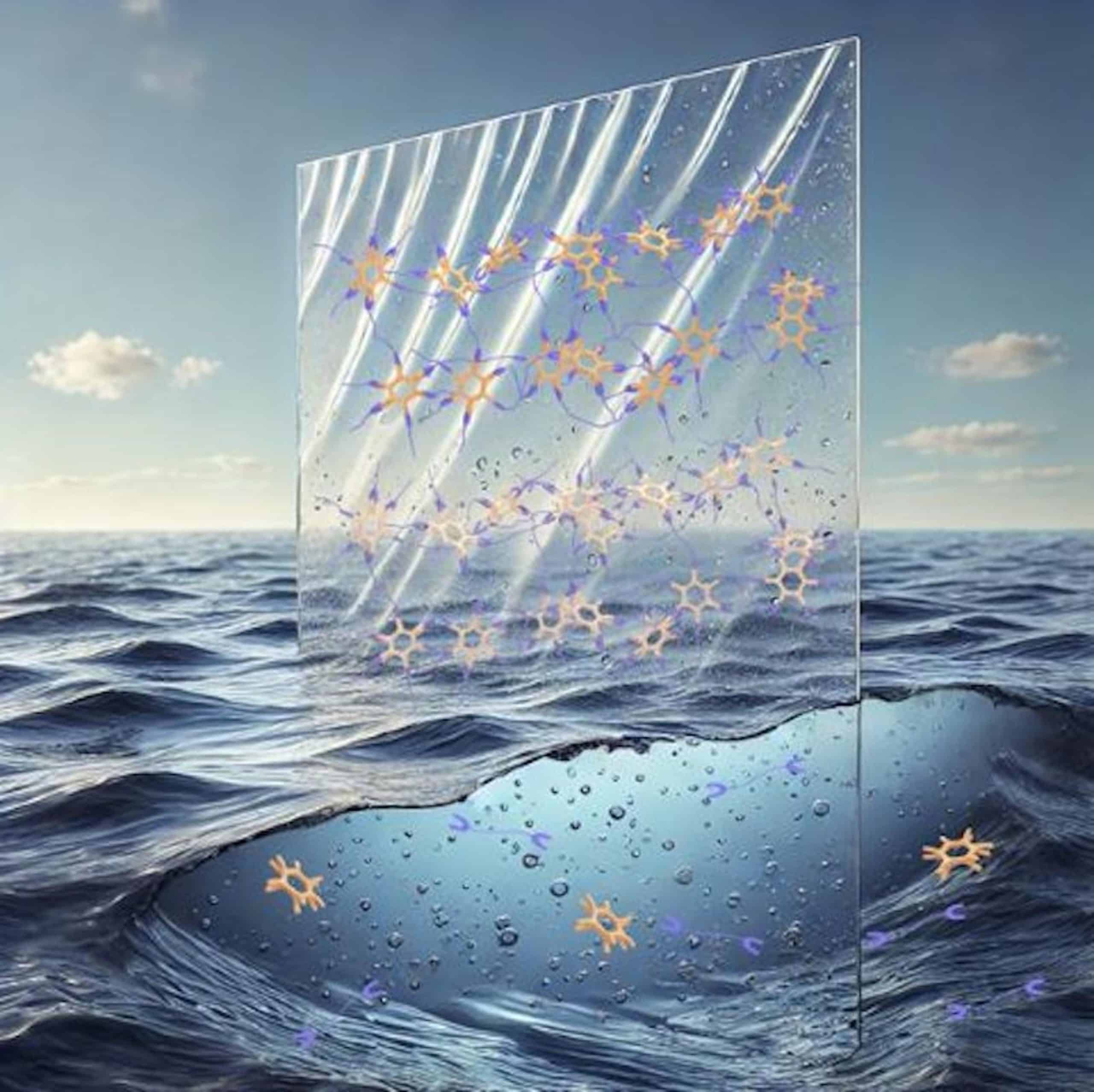 Une illustration artistique du nouveau plastique, montrant la solidité des liens au-dessus de l'eau et leur dégradation lorsqu'ils sont immergés dans l'eau salée