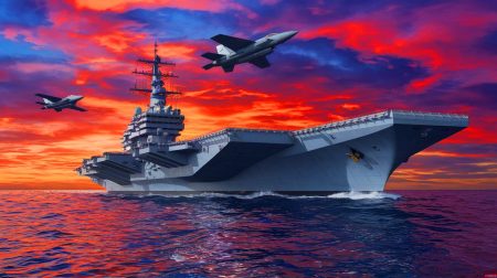 Illustration de la conception futuriste du nouveau porte-avions français successeur du Charles de Gaulle (création par IA, illustration non réaliste). Crédit : Ideogram.