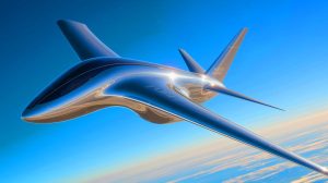 Illustration de l'aile volante Z4 de JetZero aux couleurs de United Airlines (création par IA, illustration non réaliste). Crédit : Ideogram.