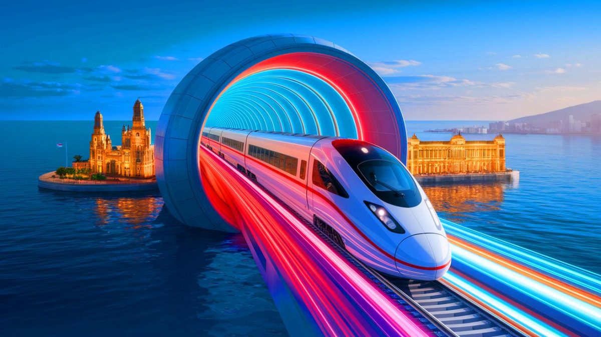 Illustration de la connexion future entre l'Europe et l'Afrique par un tunnel sous le détroit de Gibraltar (création par IA, illustration non réaliste). Crédit : Ideogram.