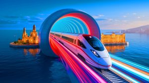 Illustration de la connexion future entre l'Europe et l'Afrique par un tunnel sous le détroit de Gibraltar (création par IA, illustration non réaliste). Crédit : Ideogram.
