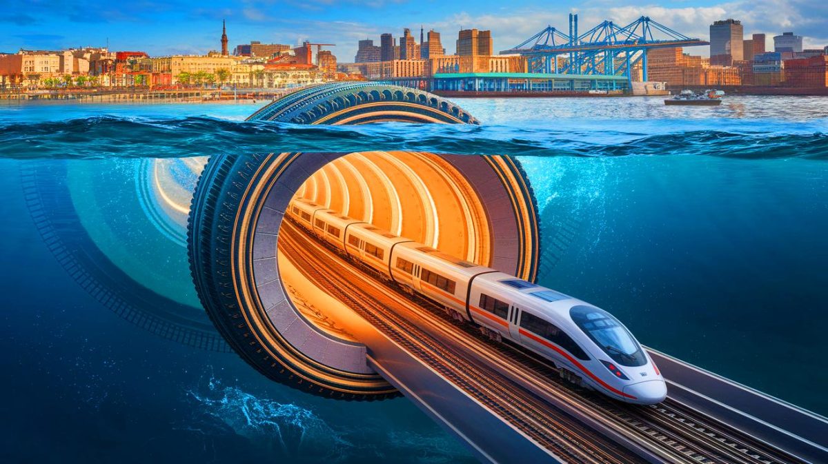 Illustration de la vision future du tunnel sous-marin entre le Maroc et l'Espagne (création par IA, illustration non réaliste). Crédit : Ideogram.