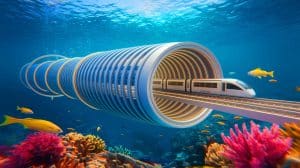 Illustration de la vision du projet de tunnel sous-marin entre le Maroc et l'Espagne (création par IA, illustration non réaliste). Crédit : Ideogram.