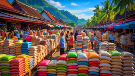 Alerte rouge sur le riz asiatique : le conflit Inde-Pakistan menace d’une crise commerciale et de flambée des prix en euros Illustration de l'impact des tensions entre l'Inde et le Pakistan sur le commerce du riz en Asie (création par IA, non réaliste). Crédit : Ideogram