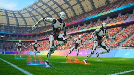 Illustration de la première compétition mondiale de robots humanoïdes à Beijing (création par IA, non réaliste). Crédit : Ideogram