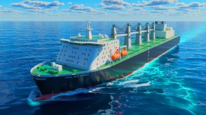 Illustration de l'innovant navire européen destiné à enfouir le CO₂ sous la mer du Nord. Image réalisée par IA.