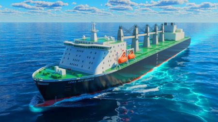 Illustration de l'innovant navire européen destiné à enfouir le CO₂ sous la mer du Nord. Image réalisée par IA.