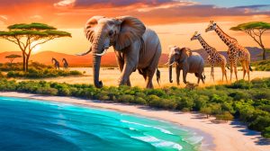 Illustration de destinations africaines incontournables à explorer en 2024 (création par IA, non réaliste). Crédit : Ideogram