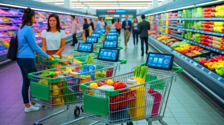 Illustration de chariots connectés révolutionnant l'expérience d'achat en supermarché (création par IA, non réaliste). Crédit : Ideogram