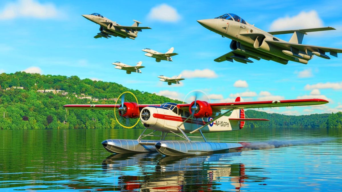 Illustration de l'hydravion Catalina survolant le lac de Biscarrosse lors du Rassemblement International d'Hydravions 2025. Image réalisée par IA.