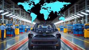 Illustration de l'impact des tarifs douaniers sur les bénéfices de Toyota (création par IA, non réaliste). Crédit : Ideogram