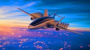 Illustration de la technologie d'ailes pliables développée par Airbus pour réduire l'empreinte carbone des avions (création par IA, illustration non réaliste). Crédit : Ideogram.