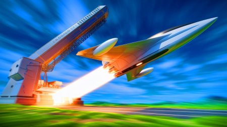 Illustration de la catapulte électromagnétique chinoise propulsant un avion dans l'espace (création par IA, illustration non réaliste). Crédit : Ideogram.