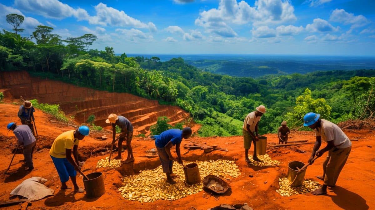 Illustration de l'exploitation minière artisanale en Côte d'Ivoire et son inspiration du modèle ghanéen (création par IA, non réaliste). Crédit : Ideogram