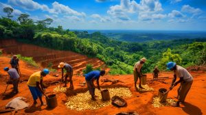Illustration de l'exploitation minière artisanale en Côte d'Ivoire et son inspiration du modèle ghanéen (création par IA, non réaliste). Crédit : Ideogram