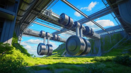 Illustration de l'utilisation de la gravité pour le stockage d'énergie. Image réalisée par IA.