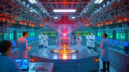 Illustration de la fusion nucléaire par confinement inertiel avec 192 lasers. Image réalisée par IA.