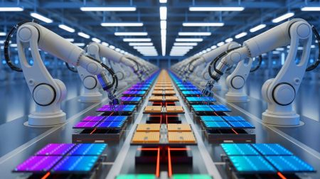 Illustration de la collaboration entre Thales, Radiall et FoxConn pour une unité d'assemblage de semi-conducteurs en France. Image réalisée par IA.