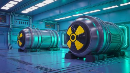 Illustration de la production en série des cylindres 30B-10 par Orano pour le transport sécurisé de l'uranium enrichi. Image réalisée par IA.
