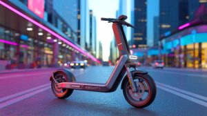 Illustration de la trottinette Xiaomi Scooter 5 Pro en milieu urbain (création par IA, non réaliste). Crédit : Ideogram
