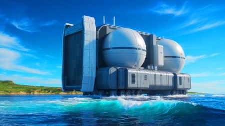 Illustration de centrales nucléaires mobiles sur terre et sur mer. Image réalisée par IA.