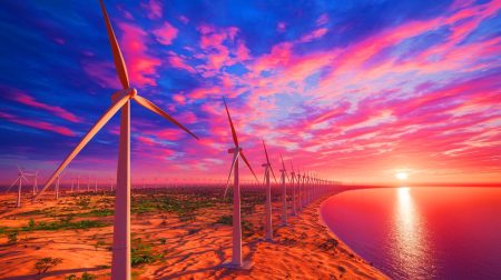 Illustration de l'extension du parc éolien de Red Sea Wind Energy en Égypte par ENGIE (création par IA, illustration non réaliste). Crédit : Ideogram.