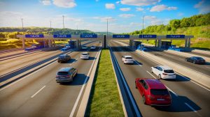 Illustration de l'utilisation du Pass Ulys Télépéage sur une autoroute française pour un trajet fluide et rapide (création par IA, non réaliste). Crédit : Ideogram