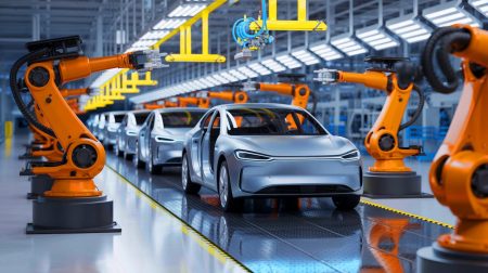 Illustration de la production optimisée des voitures électriques chinoises face aux constructeurs traditionnels (création par IA, illustration non réaliste). Crédit : Ideogram.