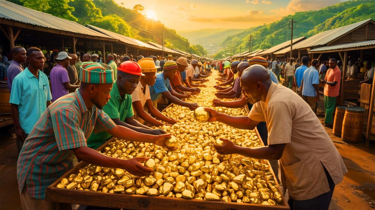 Illustration de la régulation de l'industrie aurifère artisanale au Ghana par le Ghana Gold Board (création par IA, illustration non réaliste). Crédit : Ideogram.
