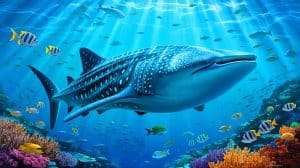 Illustration de requins-baleines nageant paisiblement dans l'océan (création par IA, non réaliste). Crédit : Ideogram