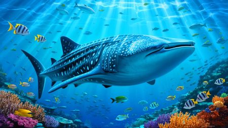 Illustration de requins-baleines nageant paisiblement dans l'océan (création par IA, non réaliste). Crédit : Ideogram
