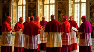 Illustration de l'élection papale avec des cardinaux en réunion pour élire le successeur du pape François (création par IA, illustration non réaliste). Crédit : Ideogram.
