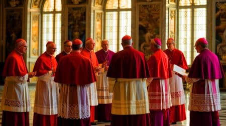 Illustration de l'élection papale avec des cardinaux en réunion pour élire le successeur du pape François (création par IA, illustration non réaliste). Crédit : Ideogram.