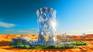 Illustration de la Discovery Tower, un projet architectural futuriste en Arabie Saoudite (création par IA, illustration non réaliste). Crédit : Ideogram.