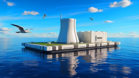 Illustration de centrales nucléaires flottantes sur les océans pour le programme Liberty (création par IA, non réaliste). Crédit : Ideogram