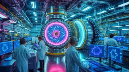 Illustration de la synthèse d'un isotope d'hydrogène avec six neutrons. Image réalisée par IA.