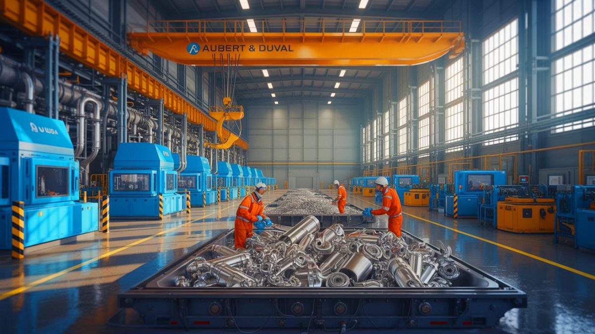 Illustration de l'usine EcoTitanium d'Aubert & Duval recyclant du titane pour l'industrie aéronautique. Image réalisée par IA.