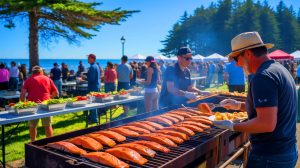Illustration de l'événement du plus grand barbecue de saumon du monde à Fort Bragg, mettant en avant l'engagement communautaire pour la restauration écologique (création par IA, non réaliste). Crédit : Ideogram