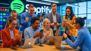 Illustration de Spotify réagissant à la décision judiciaire contre Apple concernant les paiements externes (création par IA, illustration non réaliste). Crédit : Ideogram.