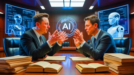 Illustration de la bataille judiciaire entre Elon Musk et OpenAI concernant les enjeux éthiques et économiques de l'intelligence artificielle (création par IA, non réaliste). Crédit : Ideogram