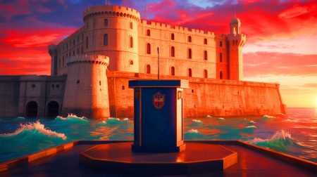 Illustration de la célébration des 35 ans de Fort Boyard avec le départ d'Olivier Minne (création par IA, illustration non réaliste). Crédit : Ideogram.