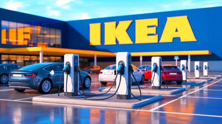 Illustration de la transition d'Ikea vers des bornes de recharge payantes pour véhicules électriques (création par IA, non réaliste). Crédit : Ideogram