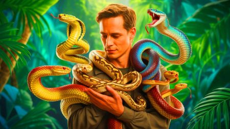 Illustration de Tim Friede s'injectant du venin de serpent pour développer un antivenin universel (création par IA, illustration non réaliste). Crédit : Ideogram.