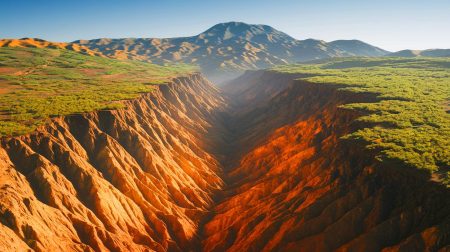 Illustration de la formation d'un nouvel océan en Afrique de l'Est due à la séparation des plaques tectoniques (création par IA, illustration non réaliste). Crédit : Ideogram.
