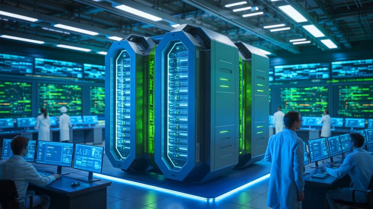 Illustration de la puissance du supercalculateur Jean Zay 4 et son rôle dans la recherche en intelligence artificielle. Image réalisée par IA.