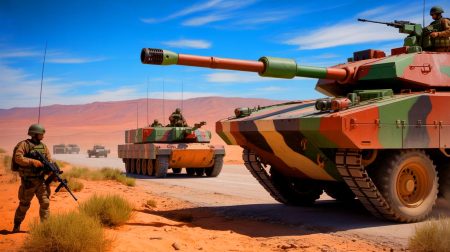 Illustration de l'augmentation des budgets militaires en Afrique du Nord, mettant en scène l'Algérie et le Maroc (création par IA, non réaliste). Crédit : Ideogram