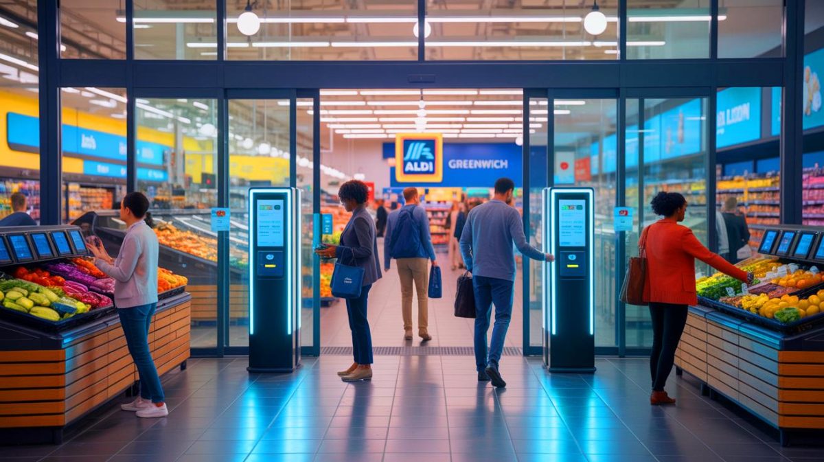 Illustration de l'expérience d'Aldi avec un modèle de supermarché automatisé à Greenwich, conditionné par une avance financière (création par IA, illustration non réaliste). Crédit : Ideogram.