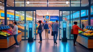 Illustration de l'expérience d'Aldi avec un modèle de supermarché automatisé à Greenwich, conditionné par une avance financière (création par IA, illustration non réaliste). Crédit : Ideogram.